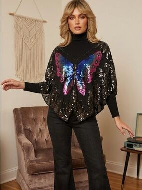 Vintage Forever 21 Black Sequin Butterfly Cape with Blue and Pink Accents